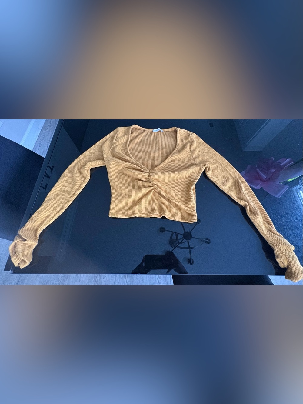 Better Be Cropped Ruched V-Neck Long Sleeve Top in Mustard Yellow